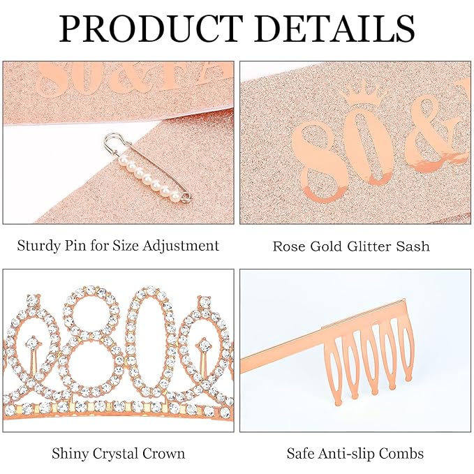 Casoty Rose Gold 80th Birthday Sash and Tiara, 80th Birthday Decorations for Women, Crown and 80 & Fabulous Sash Set, Praty Supplies Favors for Women, Gifts for Her