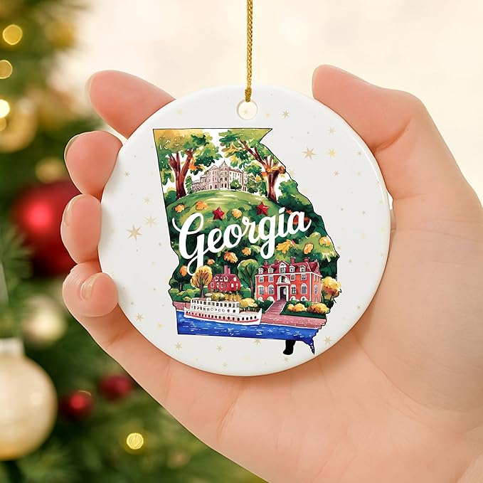 USA State Landmark Ceramic Ornament β Round Glossy Christmas Decoration Featuring U.S. State Art, Landmarks & Holiday Scenery β Collectible Travel Souvenir Ornament Series (Georgia)