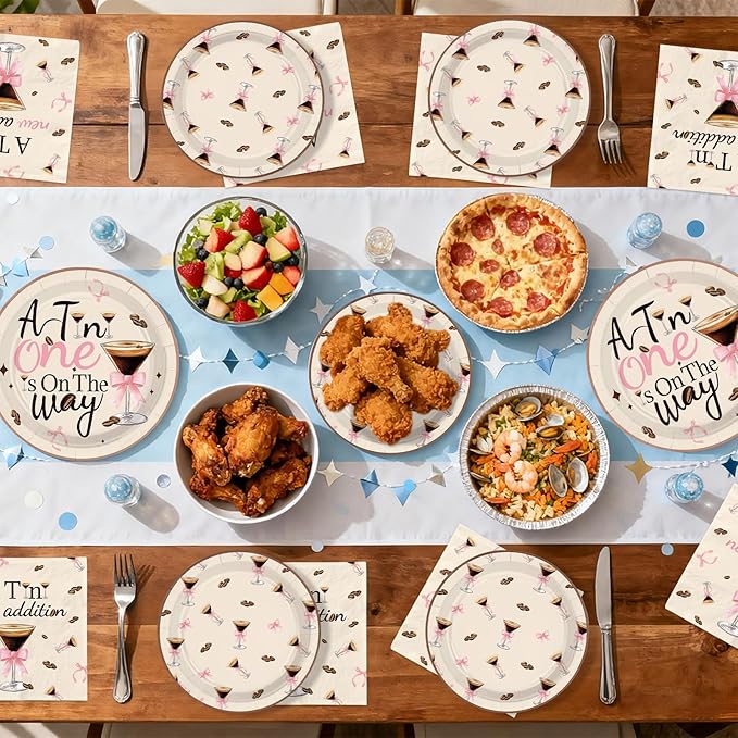 96 Pcs Espresso Martini Baby Shower Decoration A Tini One is on The Way Paper Plates and Napkins Martini Bow Party Tableware Set for Kids Boys and Girls Birthday Baby Shower Party Supplies, Serves 24