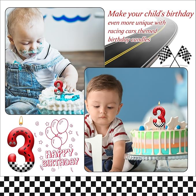 Racing Car Theme Birthday Candle with Checkered Flag Design - Durable Cake Topper for Race Car Party Decorations,Birthday Supplies - Number 3 Candle for Racing Themed Celebrations