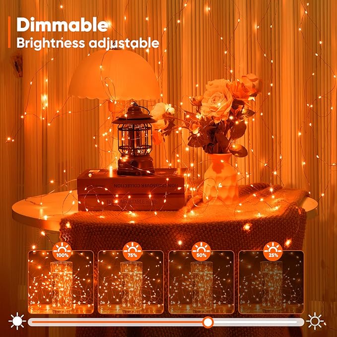 Ariceleo 4 Pack 65.6 Ft. Battery Operated Outdoor String Lights with Remote & Timer, LED Orange Fairy Lights, Waterproof Twinkle Lights for Bedroom, Dorm, Mason Jar, Wedding, Party, Christmas