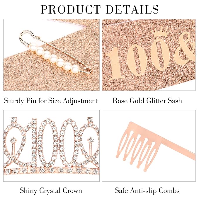 Casoty asoty Rose Gold 100th Birthday Sash and Tiara, 100th Birthday Decorations for Women, 100 & Fabulous Sash and Crown Set, Party Supplies for Women Gifts for Her