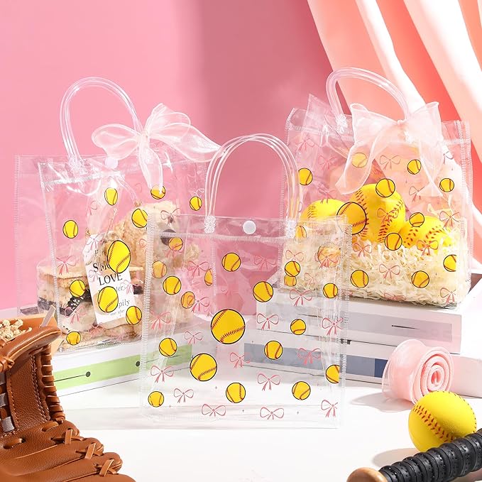 Sweetude 24 Pcs Softball Clear Treat Bags with Handles Bulk Softball Goodie Bags Sport Theme Party Gift Favor with Pink Bow Ribbon for Girl Youth Team Snack Birthday Gifts 7.9 x 7.9 Inch