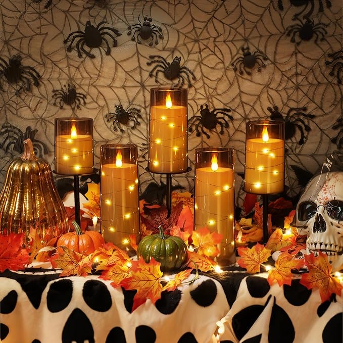 Homemory Flameless Candles with Embedded Star String Fairy Lights, Battery Operated Candles, LED Candle, Fake Candles with Remote Control and Timer for Halloween, Gray Acrylic, Set of 5(H4"5"6"8"8")