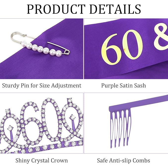 Casoty Purple 60th Birthday Sash and Tiara, 60th Birthday Party Decorations for Women Crown and 60 & Fabulous Sash, Party Supllies Favors for Women Gifts for Her
