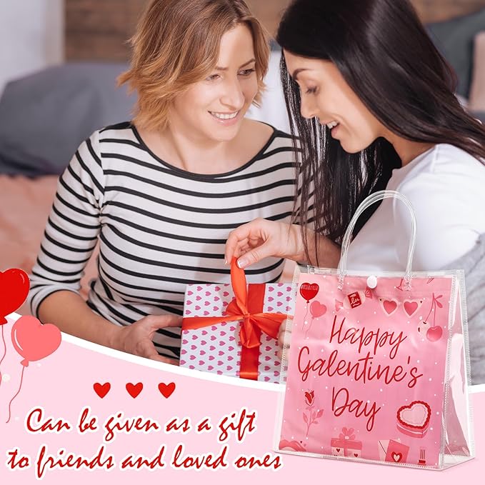Sweetude 24 Pcs Galentines Day Gift Bags Bulk Pink and Red Clear PVC Goodie Bags with Handles 7.87 x 3.1 x 7.87 Inch Double Sided Reusable Treat Wrapping for Valentines Exchange Gift Party Favors