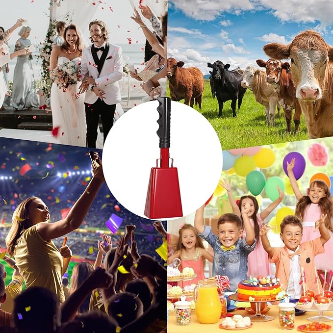 10Inch Cowbells Set with Handle for Sporting Events, 2Pcs Large Cow Bells with Wrist Straps, Loud Noise Makers for Football Games Spirit Marathon Weddings Party Noisemakers, Red & Blue