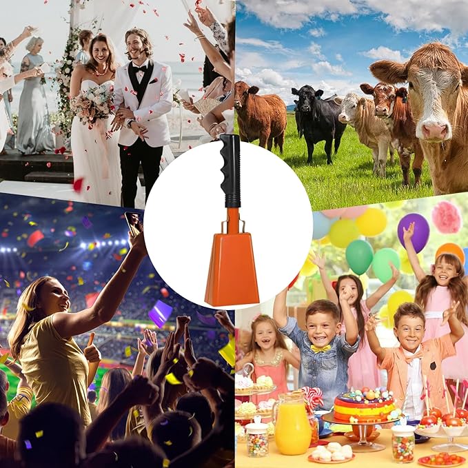 10Inch Cowbells with Handle for Sporting Events, 2Pcs Large Cow Bells with Wrist Straps, Loud Noise Makers for Cheering Football Games Spirit Marathon Weddings Party Noisemakers, Orange