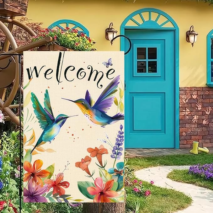 BlissYard Welcome Garden Flag Spring Summer Dog Garden Flag 12x18 Inch Double Sided Flags Pomeranian Puppy Butterfly Floral Outdoor Yard Lawn Porch Patio Decor Banner