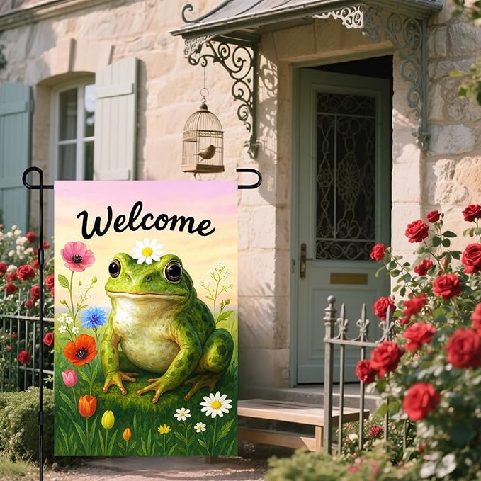 IVN Spring Garden Flag 12x18 Inch Double Sided Frog and Wildflower Meadow Scene Outdoor Yard Flag for Outside Front Door Lawn Porch Patio Welcome Decor