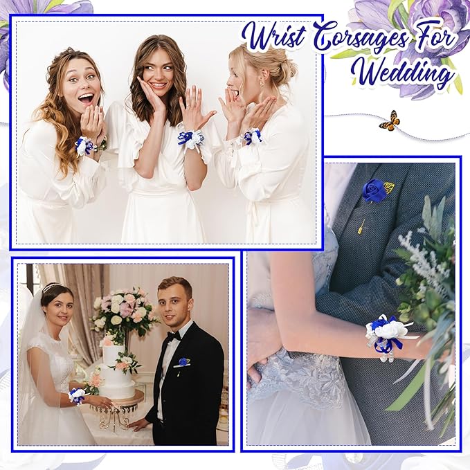 Tigeen 48 Pcs Wrist Corsage and Men's Boutonniere Set for Wedding Wristlet Corsage Hand Flower for Mother of Bride, Bridal, Bridesmaid Suit Decorations (Blue)