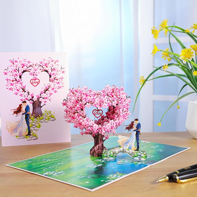 Pop Up Anniversary Cards, 3D Heart Cherry Blossom, Bridge with Couple Wedding Cards for Wife, Husband, Her, Him, Girlfriend, Ideal Gift for Birthday, Wedding, Valentines, Mothers Day, 6x8 inch