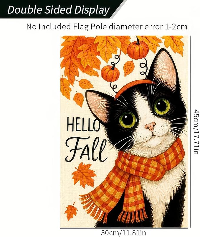 BlissYard Thanksgiving Fall Garden Flag 12x18 Inch Hello Fall Black Cat Flag Double Sided Outdoor Autumn Yard Banner with Pumpkins and Leaves for Porch Lawn Patio Seasonal Decor