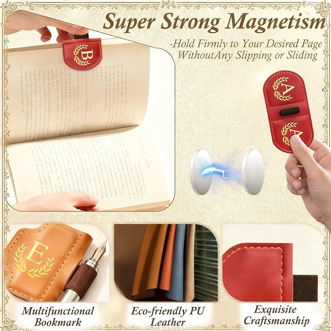 Personalized Leather Magnetic Bookmark with Pen Holder, Custom Bygone Mark Bookmark with Pen Holder, Custom Bookmarks with 26 Letters for Reading Women, Men, Teachers, Book Lovers(Red,O)