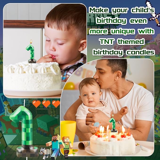 TNT Themed Birthday Cake Candle Number 1 Dynamite Themed Green Candle Birthday Party Decoration Cake Topper for Pixel Theme Birthday Party Anniversary Party Dynamite Party Video Game Party (Number 1)