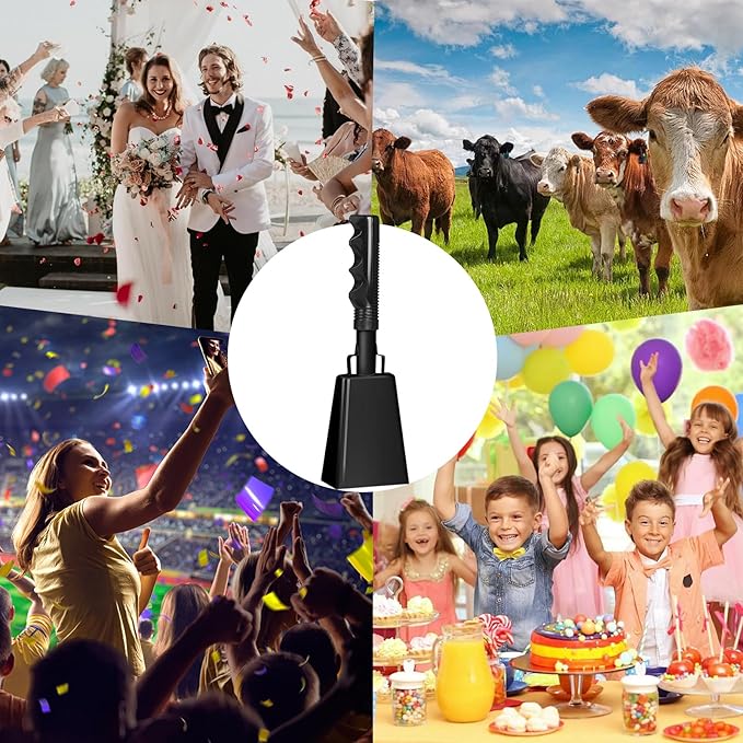 10Inch Cowbells with Handle for Sporting Events, 2Pcs Large Cow Bells with Wrist Straps, Loud Noise Makers for Cheering Football Games Spirit Marathon Weddings Party Noisemakers, Black