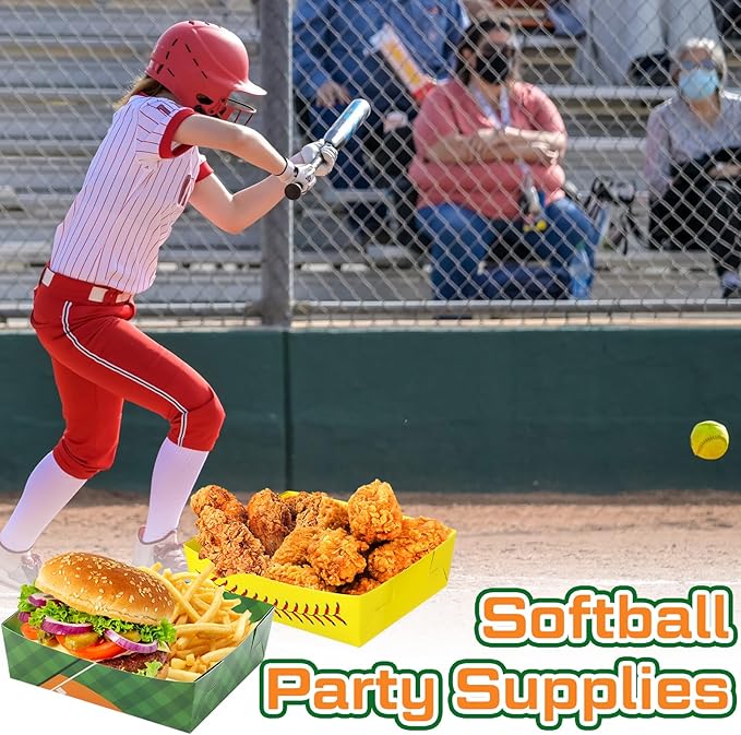 Teling 36 Pcs Baseball Theme Party Supplies Large 5 lb Baseball Plates Trays Food Boat Paper Softball Disposable Nacho Snack Serving Tray Dinner Plate for Softball Birthday Decorations Favor(Yellow)