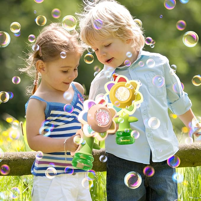 Rechargeable Flower Bubble Guns for Kids W/LED Lights & 10 Refill Solutions, Fun Swing Dance Bubble Maker Machine Blower Blaster Toys,Outdoor Summer Play, Easter, Birthday Party Favors & Gifts Yellow