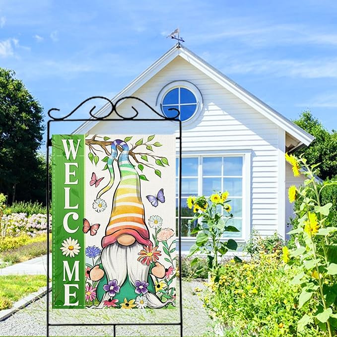 Covido Welcome Spring Summer Gnome Decorative House Flag, Daisy Floral Flowers Butterfly Rainbow Garden Yard Outside Decorations, Seasonal Burlap Outdoor Large Home Decor Double Sided 28 x 40