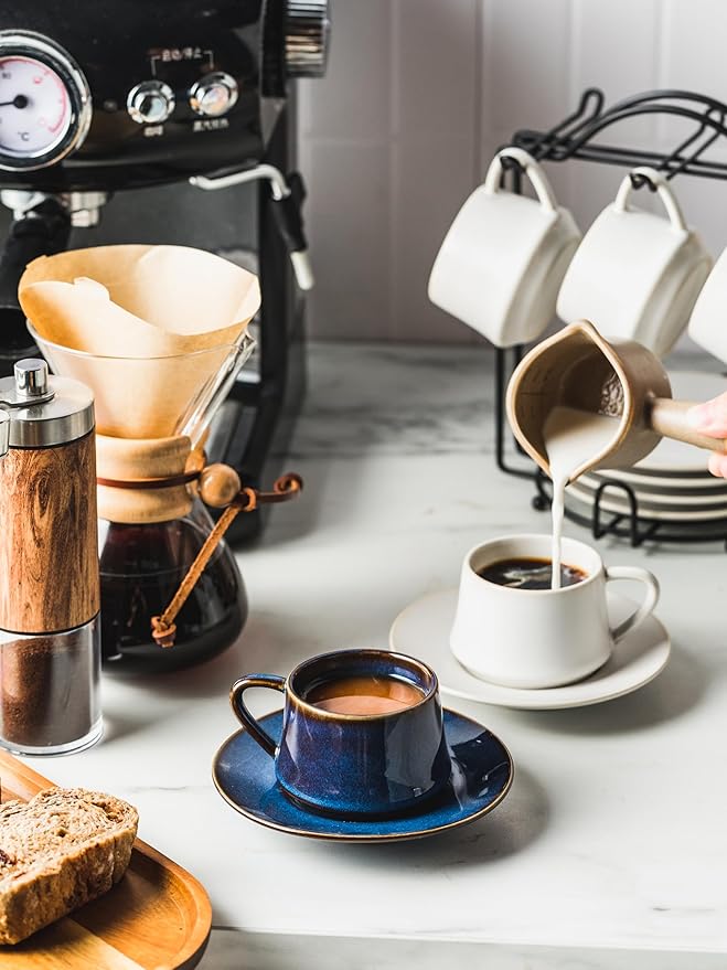 YHOSSEUN Espresso Cups with Saucers and Metal Stand, 4 Oz Ceramic Expresso Shots Cup Espresso Small Coffee Cups Set of 6, Beige