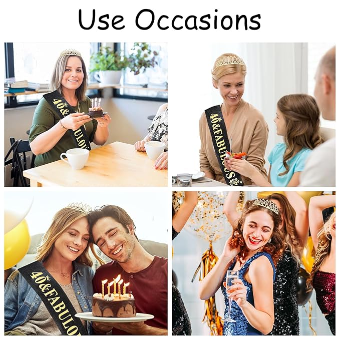 Casoty 40th Birthday Sash and Tiara, 40th Birthday Decorations for Women, 40 & Fabulous Sash and Crown Set, Gifts for Her, Birthday Party Supplies for Women