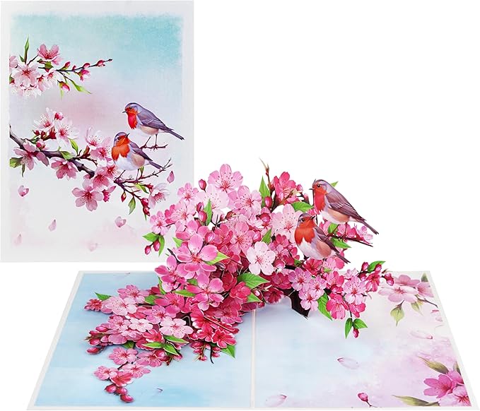 Robins Couple w Cherry Blossom Pop Up Anniversary Cards, 6x8in Wedding Anniversary Card, Valentines Day Card, 3D Gift Card for Her, Him, Husband, Wife (Cherry Blossom Robins Couple)