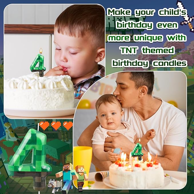 TNT Themed Birthday Cake Candle Number 4 Dynamite Themed Green Candle Cake Topper for Pixel Theme Birthday Party Decoration