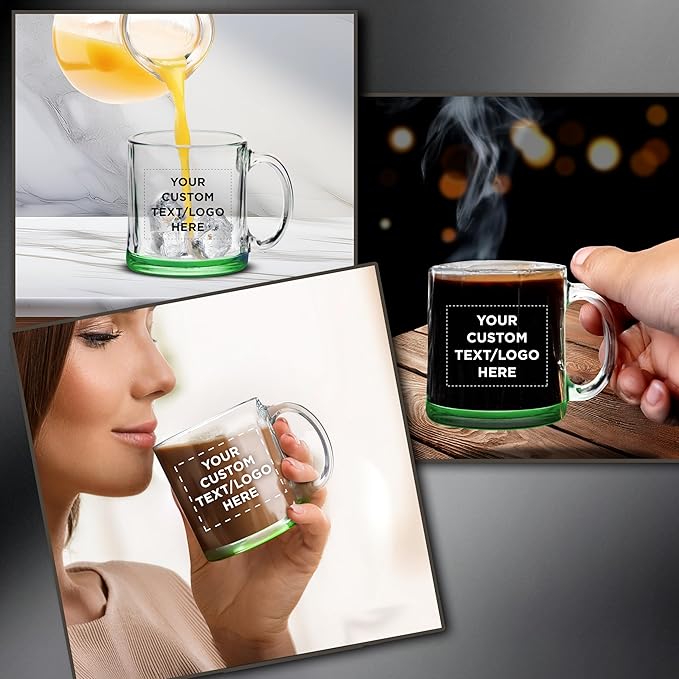 Custom Libbey Clear Glass Coffee Mugs 13 oz. Set of 100, Personalized Bulk Pack - Perfect for Coffee, Tea, Espresso, Hot Cocoa, Other Beverages - Green Bottom