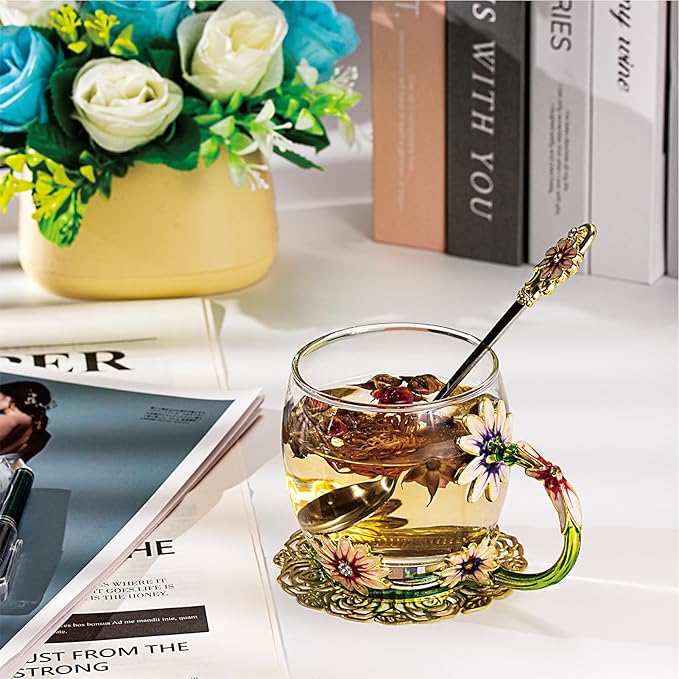Flower Tea Cup ,Daisy Flower Clear Glass Fancy Coffee Cup with Spoon,Gift Box for Her Mom Wife Grandma Girls Friends Valentines Christmas Birthday Present Idea for Juice,Hot And Cold Drinks Use