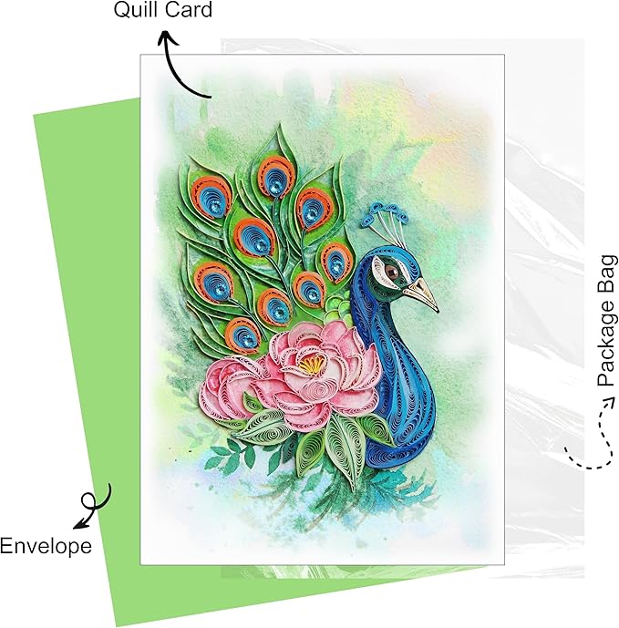 Mother's Day Card, Peony and Peacock Greeting Card, Animal Quilled Quilling, Birth Month Flower Born in November Birthday, Mothers Day Card for Mom Grandma Friend (Peony and Peacock)
