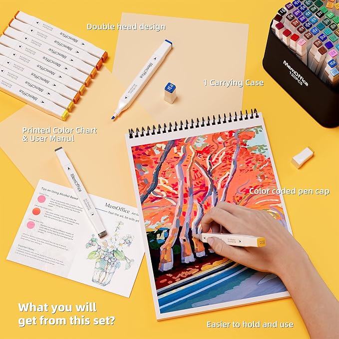 MemOffice Marking ink 162 Colors Dual Tip Artist Alcohol Markers Set with Carrying Case - Perfect for Coloring, Drawing, Sketching, Card Making and Illustration - Perfect for Adults