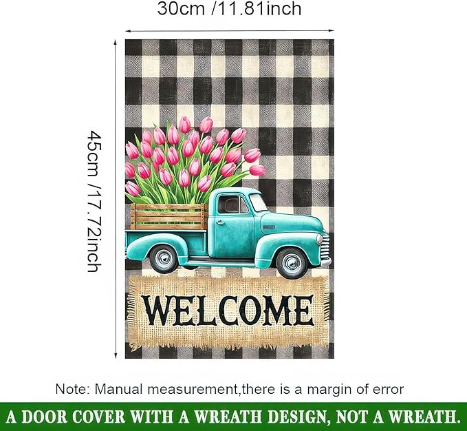 BlissYard Spring Garden Flag Spring Yard Flag Teal Truck with Tulips and Buffalo Plaid Backdrop Design Springs Garden Flags for Outside Double-Sided 12x18 Inches Welcome Yard Flags for Outdoor Decor