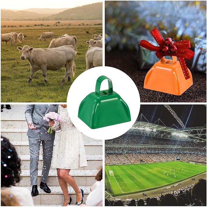 PATIKIL 12pcs Cow Bells for Football Games, 3inch Cowbells for Sporting Events Bulk Loud Noise Makers Metal Cow Bell with Handle for Cheering Wedding,Green