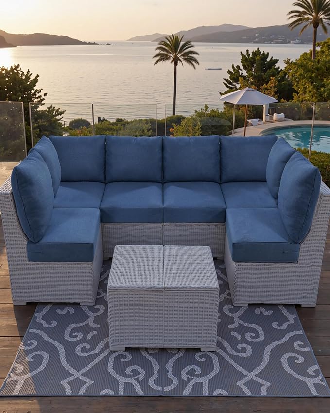 Luxury 24x24x6 Outdoor Couch Cushions Set of 3 - Water-Repellent 8-Piece Cushion Set for Outside Wicker 3-Seat Sofa Loveseat Chair Sectional Patio Conversation Sets - Navy Blue/Classic