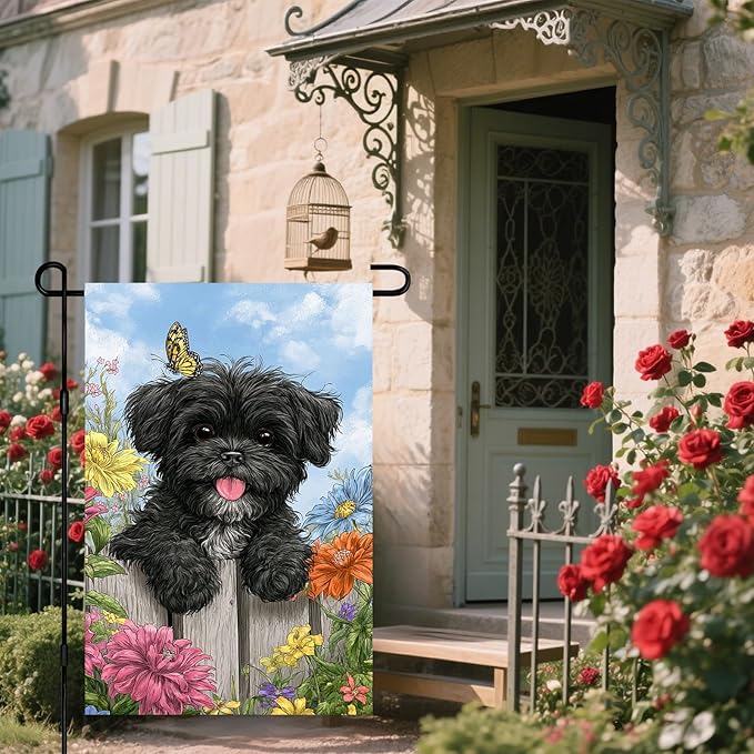 IVN Spring Garden Flag 12x18 Inch Double Sided Black Dog and Colorful Flowers Scene Outdoor Yard Flag for Outside Front Door Lawn Porch Patio Welcome Decor