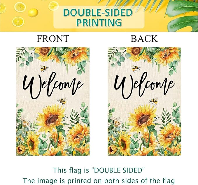 Baccessor Spring Garden Flag Sunflower Bee Eucalyptus Leaves Welcome Flag 12.5 x 18 Inch Double Sided Burlap Yard Small Spring Summer Flag for Outside Decor