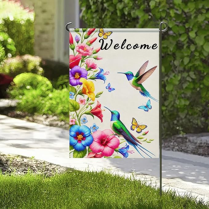 BlissYard Hummingbird Floral Welcome Garden Flag 12x18 Inch Double Sided Spring Summer Hummingbird Yard Flag Yard Outdoor Flag Small Outside Decoration