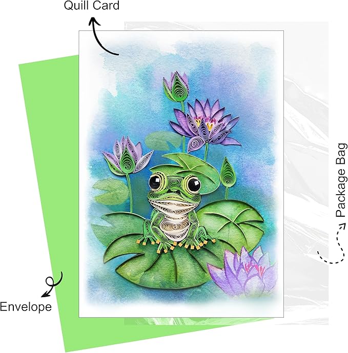 Mother's Day Card, Water Lily and Frog Card, Animals Quilled Quilling Birth Month Flower, Birthday, Get Well, Mothers Day, Greeting Card for Mom Grandma daughter (Water Lily and Frog)