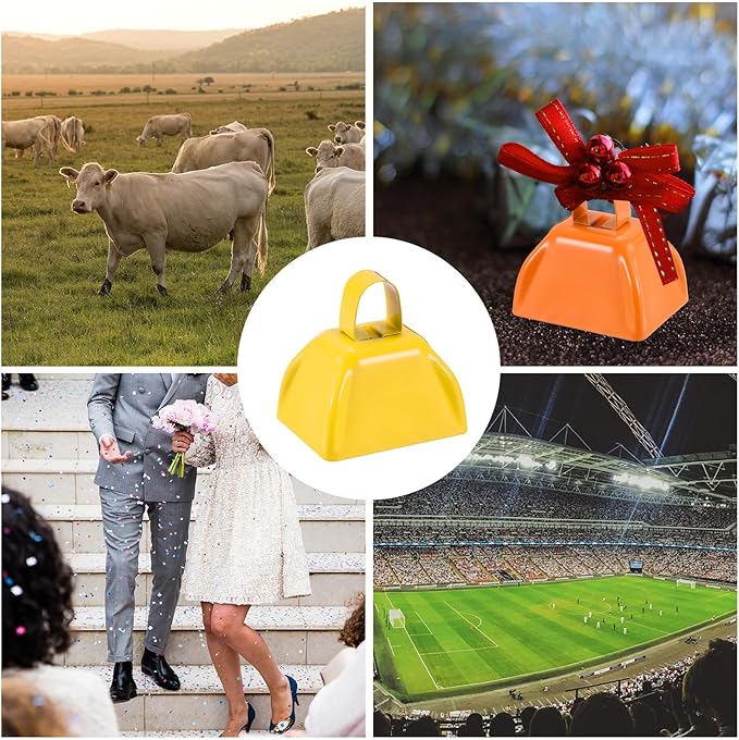 PATIKIL 3inch Cow Bells for Football Games, 12pcs Cowbells for Sporting Events Bulk Loud Noise Makers Metal Cow Bell with Handle for Cheering Competition Marathon Wedding DIY Paint, Yellow