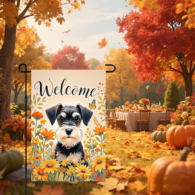 BlissYard Thanksgiving Fall Garden Flag 12x18 Inch Welcome Schnauzer Dog Outdoor Flag Double Sided Yard Banner with Orange Wildflowers and Butterfly for Porch Lawn Patio Fall Harvest Decor