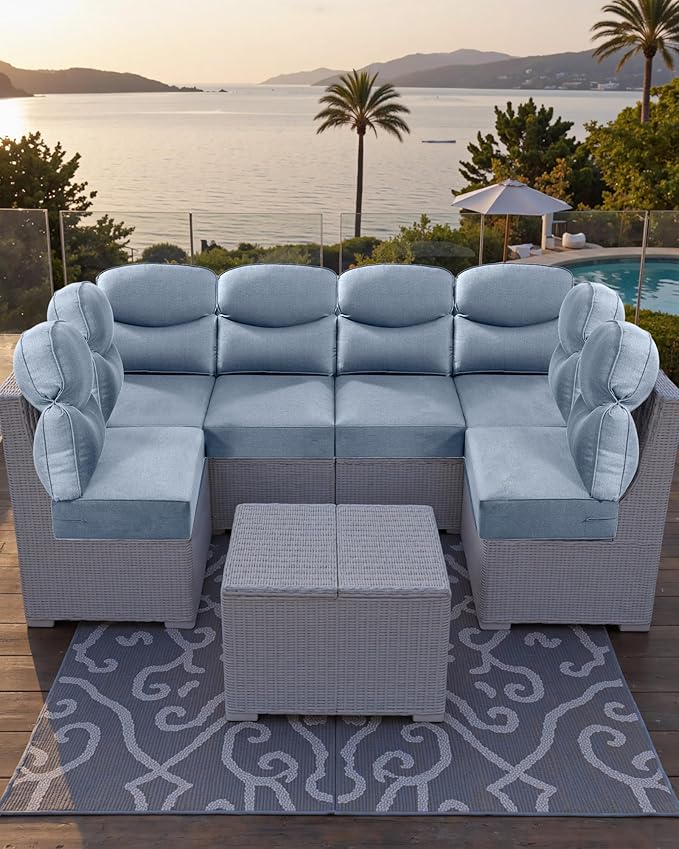 Luxury 24x24x6 Outdoor Corner Cushion 1 Set - Water-Repellent 3-Piece Cushion Set with Zipper for Outside Rattan Sofa Loveseat Chair Sectional Patio Conversation Sets - Baby Blue/Smile