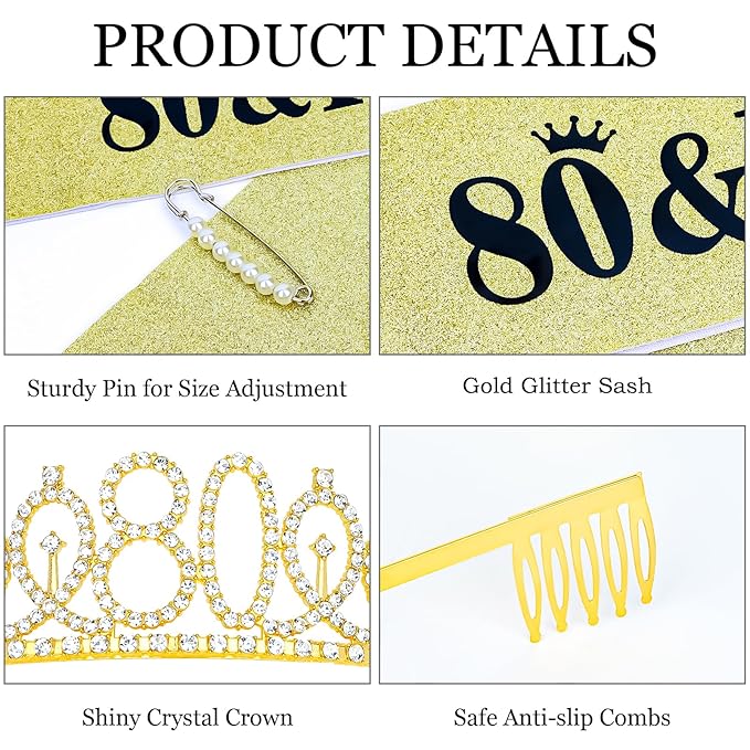 Casoty Gold 80th Birthday Sash and Tiara, 80th Birthday Decorations for Women, 80 & Fabulous Sash and Crown Set, Party Supplies Favors for Women, Gifts for Her