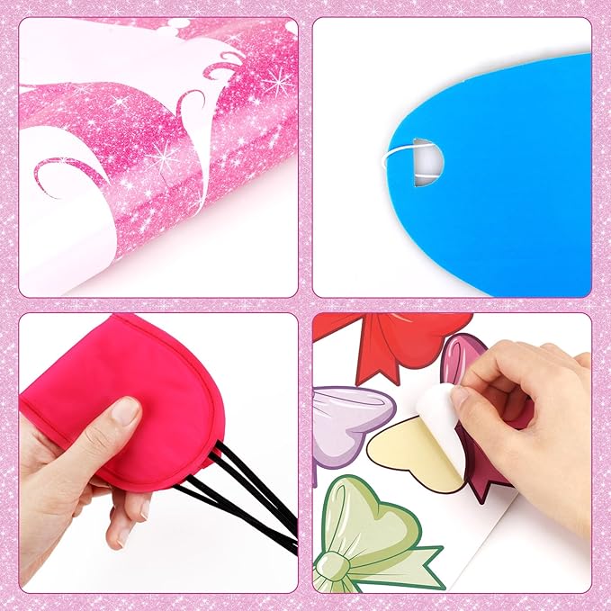Hooqict Pink Girl Party Games for Kids Birthday Pin The Bow Sticker on The Head Pink Girl Princess Party Game Birthday Party Decorations, Large Poster with 40 Bow Stickers