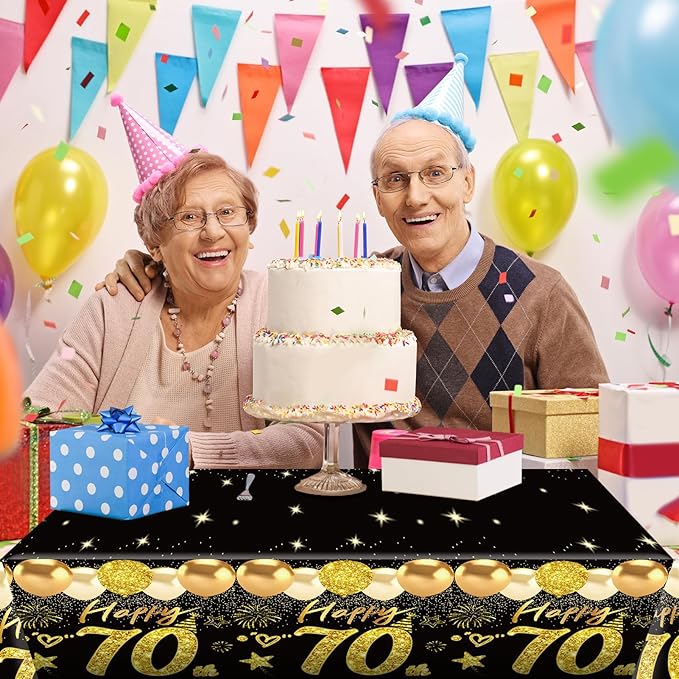 2pcs 70th Birthday Tablecloth, Black Gold 70th Birthday Decorations for Men Women Vintage 1956 Table Cloth Plastic Rectangular 70th Table Cover Happy 70 th Anniversary Party Supplies