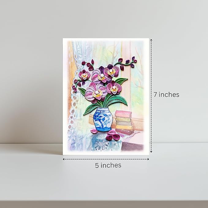 Mother Day Card, Purple Orchid Quilling Card for Birthday, Anniversary, Watercolor Classy Cards for Mom, Women, Wife, Daughter (Orchid in Blue Vase)