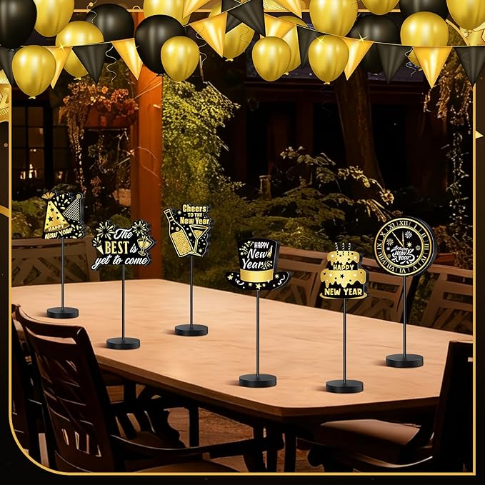 6 Pcs New Years Centerpieces for Tables Happy New Years Table Decoration Party Standing Tabletop Decor for Celebration Black and Gold Wooden Sign Single-sided Printed for 2026 Eve Party