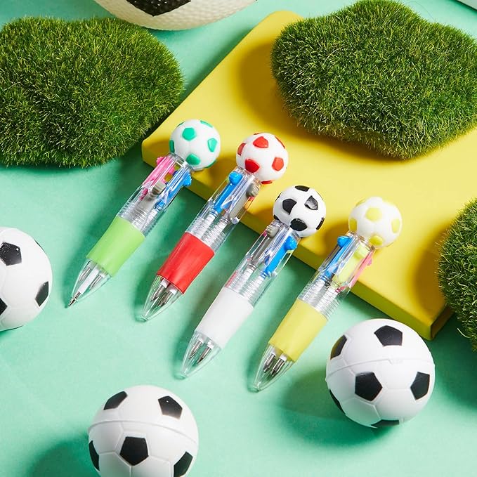 Kosiz 12 Pack Soccer Party Favors Sport Pen Multicolor 4 in 1 0.5mm Ballpoint Pen for Office Sport Lover Novelty Valentine's Day Gifts Goodie Bags Stuffers