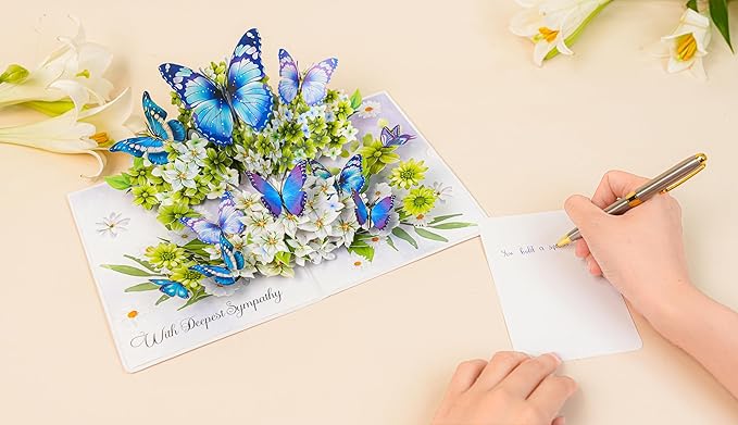 Flowers w Butterflies Pop Up Sympathy Cards with Envelopes, Sorry for Your Loss Card, Religious Pop Up Sympathy for Loss of Loved one, Mother, Father, Husband (Size 6x8 in – Sympathy)