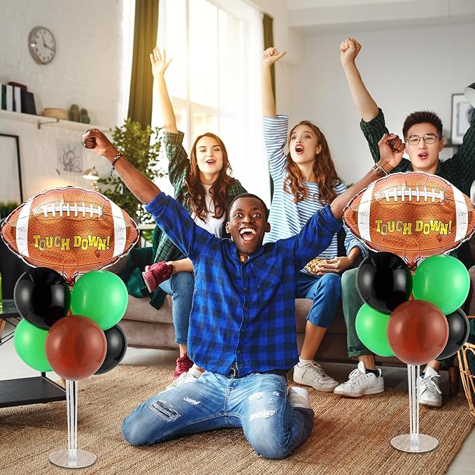 Football Party Balloons Stand Kit 2 Sets with 2 Rugby Ball Foil Balloons Football Themed Party Balloon Centerpiece for Tables for Game Sports Graduation Birthday Footballs Themed Decorations