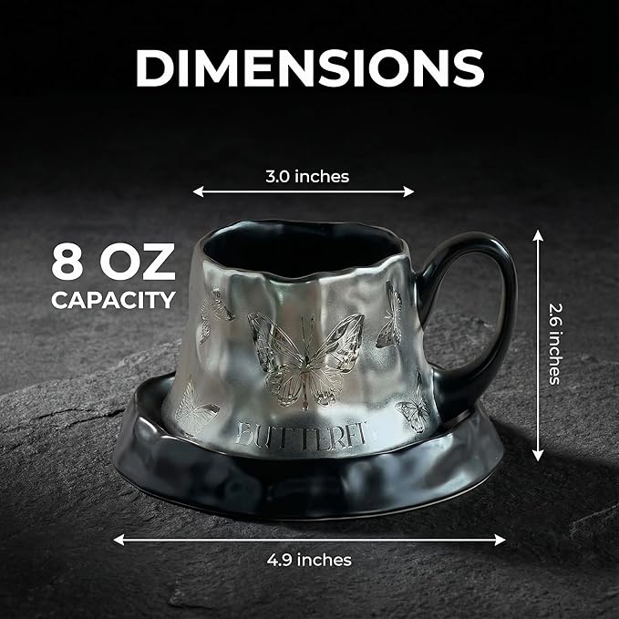 Volcanic Ash Titanium Finish Coffee Mug and Saucer Set (8 oz) | Modern Sculptural Ceramic Cup for Espresso & Latte | Unique Artisanal Home Decor & Desk Art